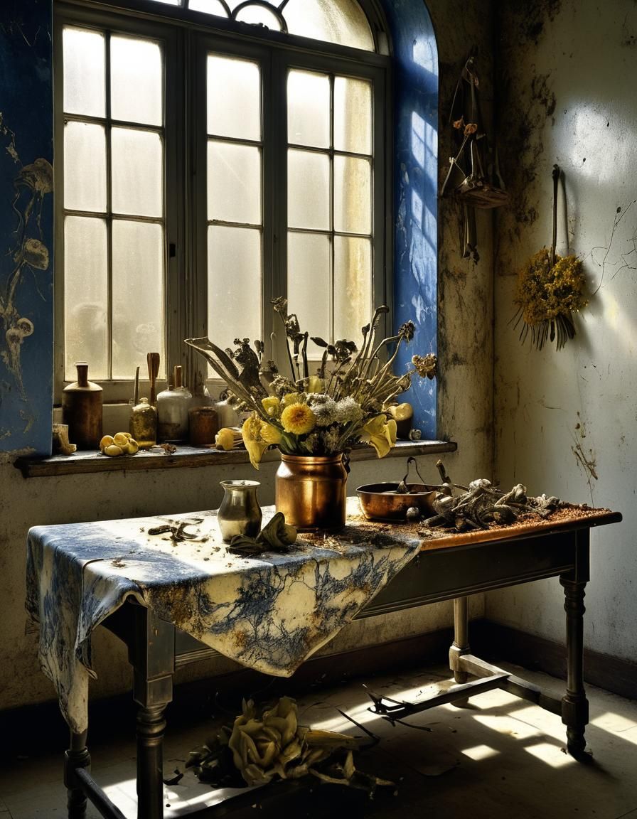Hyperrealistic Flowers on Butcher Table, Contre-Jour Lightin...