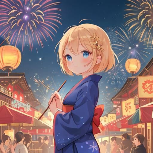 Girl in Yukata at Fireworks Festival