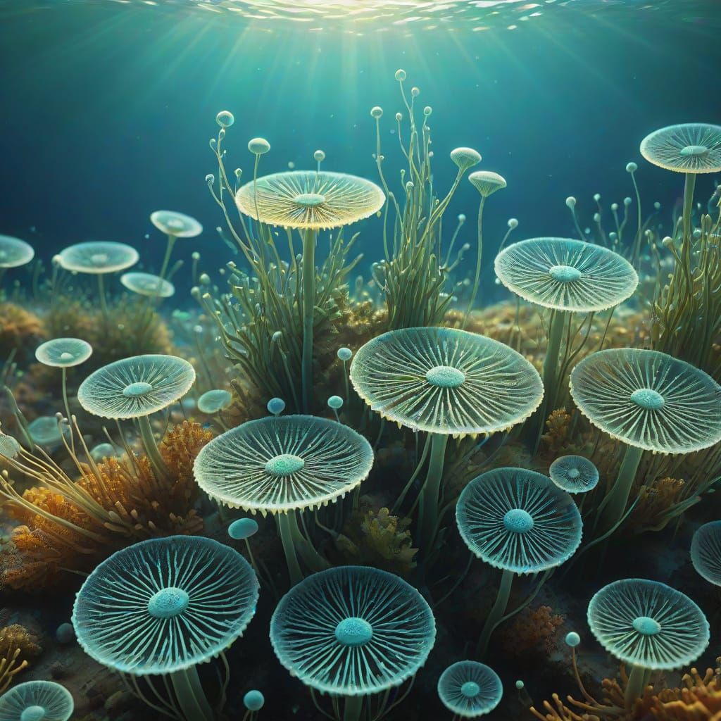 Microscopic Diatom Landscape in Vibrant Digital Art