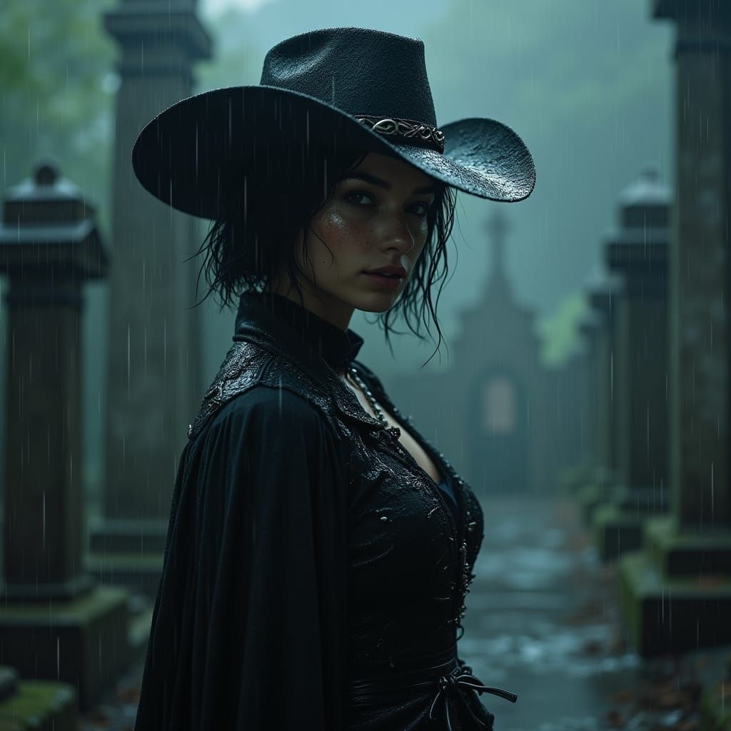 Vampire Gunslinger in Rain-Soaked Cemetery