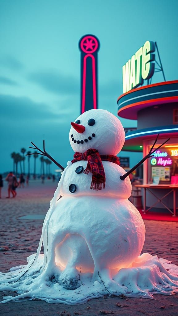 Melting Snowman on Venice Beach: Synthwave Neon Art