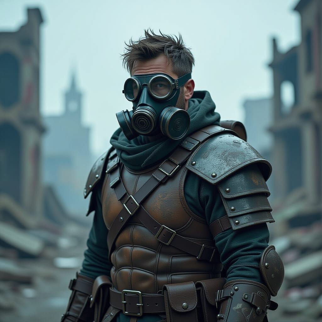 Post-Apocalyptic Barbarian Exploring Ruined City