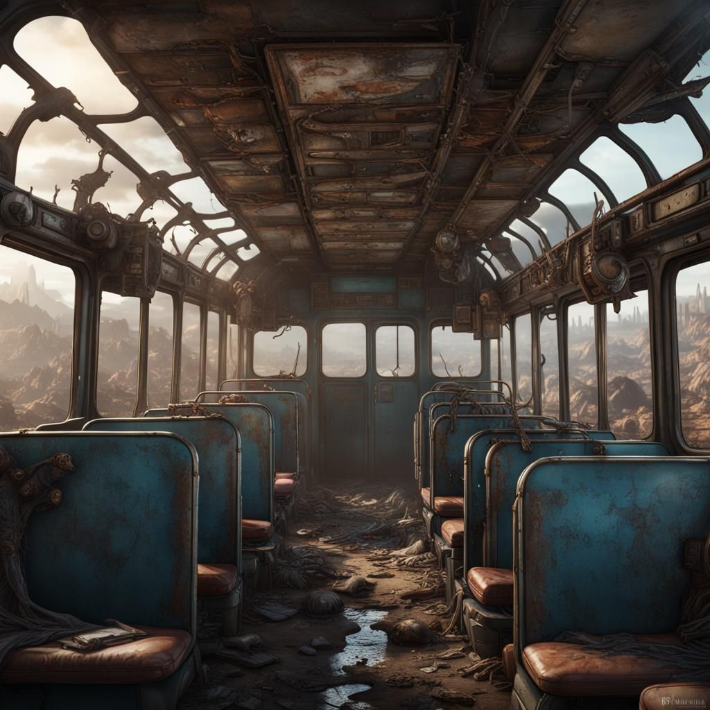 Post-Apocalyptic School Group on Bus: Detailed Matte Paintin...