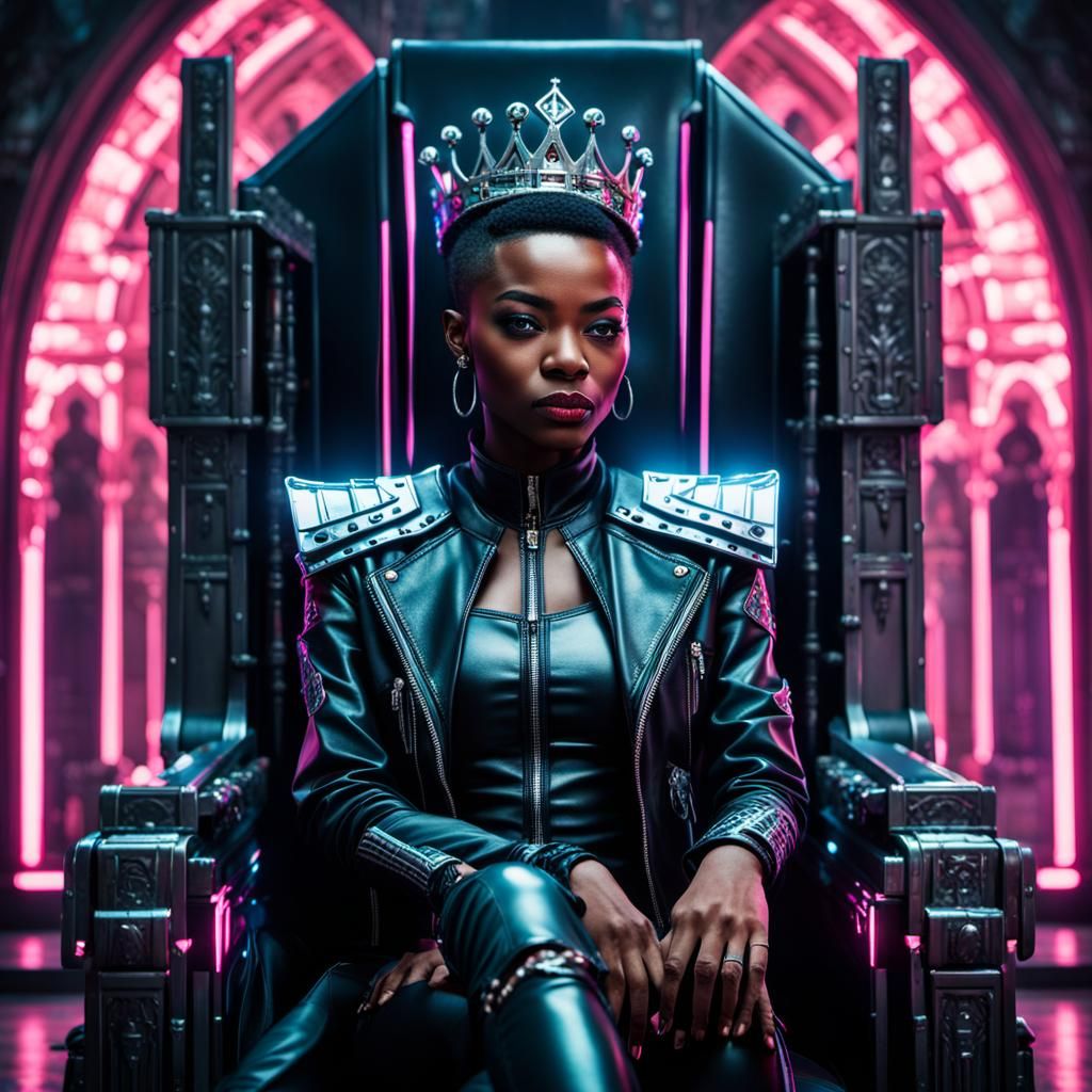 Cyberpunk Queen on Throne in Futuristic Castle