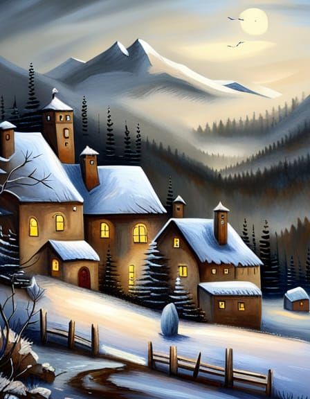Serene Winter Village Landscape in Muted Colors