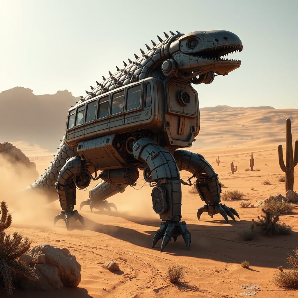 Futuristic Robotic Lizard Vehicle in Sunlit Desert