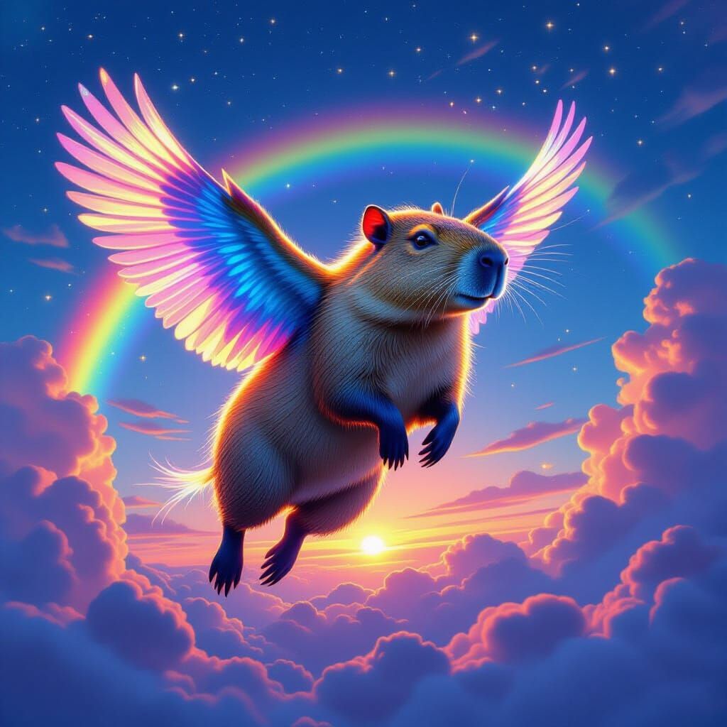 Bioluminescent Capybara Soaring in a Vibrant Sky