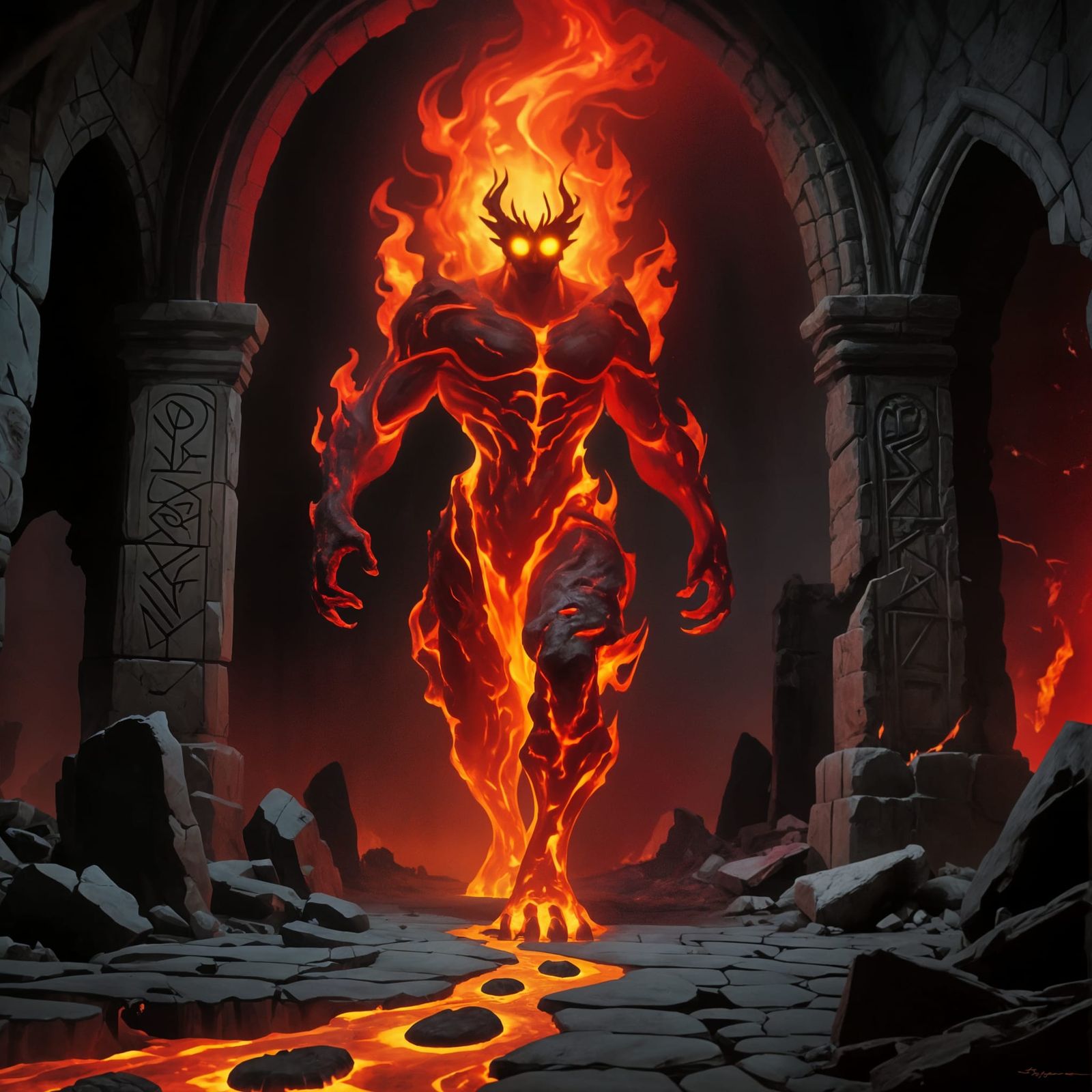 Fire Elemental Strides Through Ancient Ruins