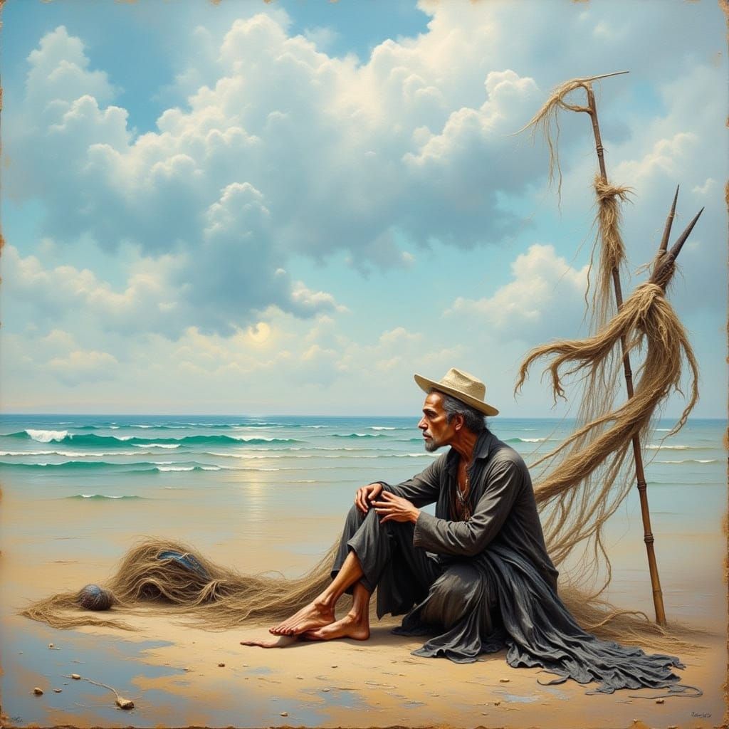 Elderly Fisherman Mends Nets on Beach