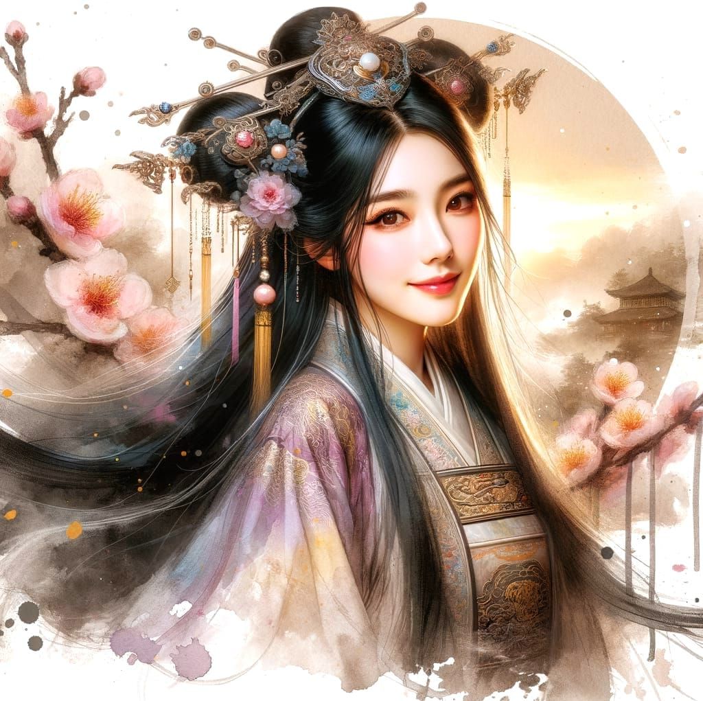 Chinese Princess in Peach Blossom Fantasy