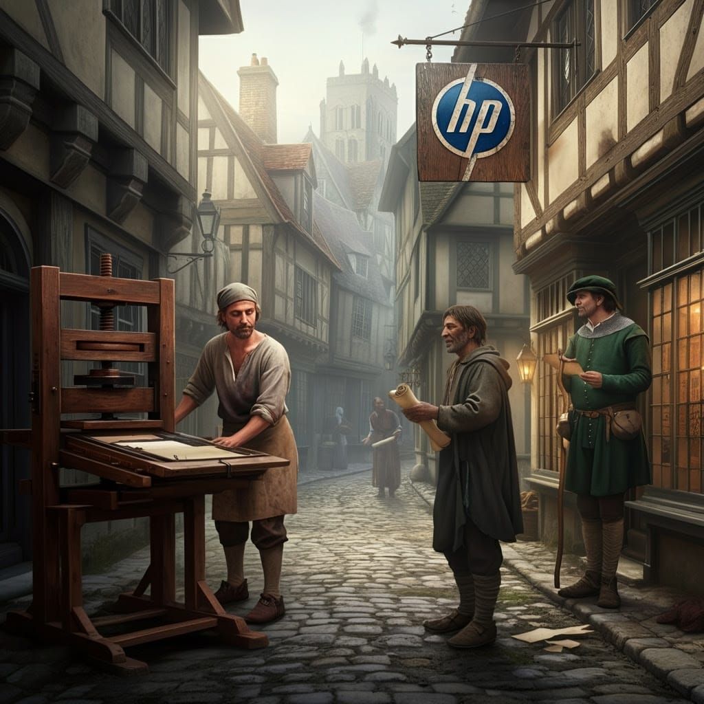 Medieval Town with Printing Press, Digital Painting