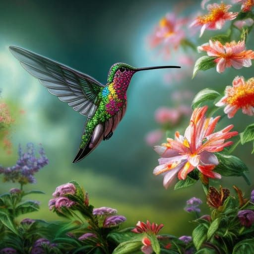 Hummingbird in a Garden: Dark Fantasy Concept Art