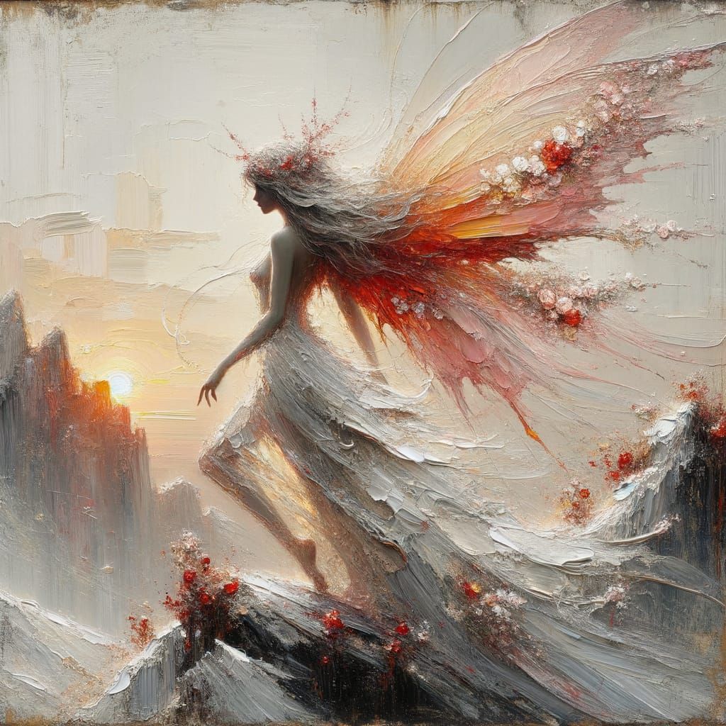 Fairy on Mountain at Sunrise: Oil Painting