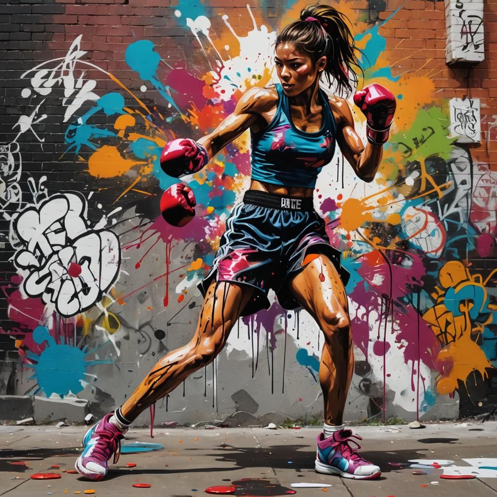 Kickboxing Girl in Graffiti Splash Art Style