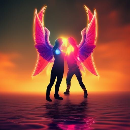 Octahedron and Angel Play in Neon Sky