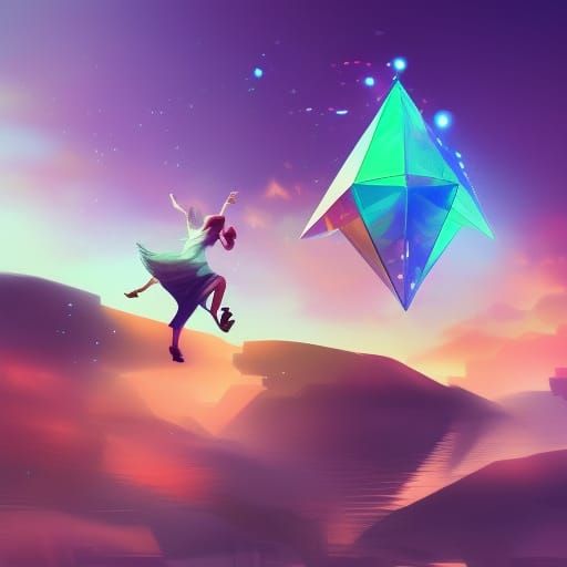 Octahedron and Angel Playing in Neon Sky
