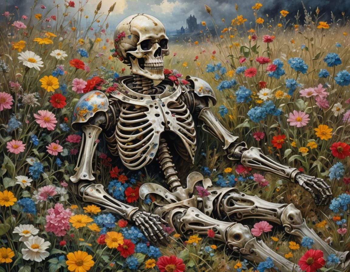 Armored Skeleton in Flower Meadow: Golden Age Illustration
