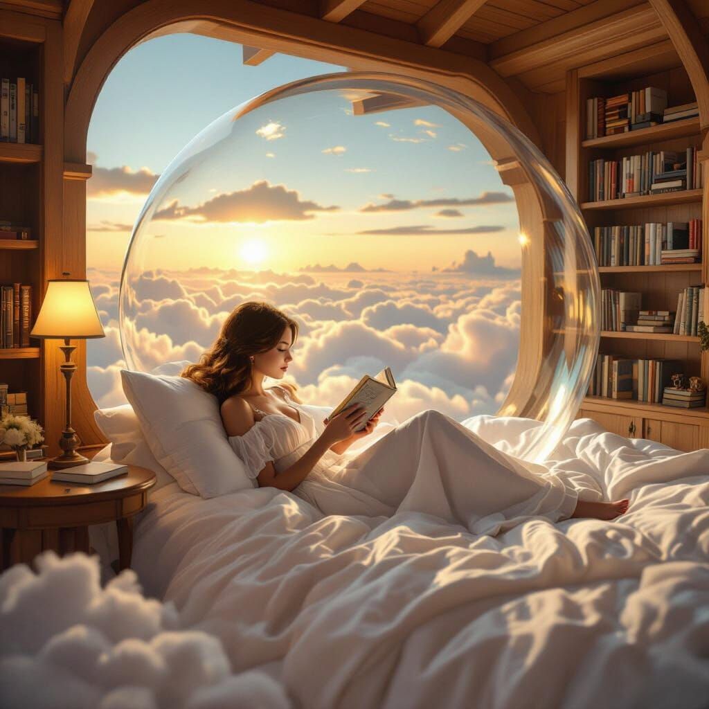 Dreamy Bedroom in Glass Sphere Above Clouds
