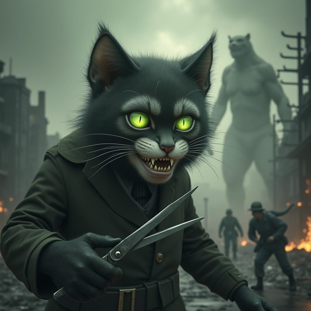 Hyperrealistic Pastel Illustration of Mischief in a War-Torn...