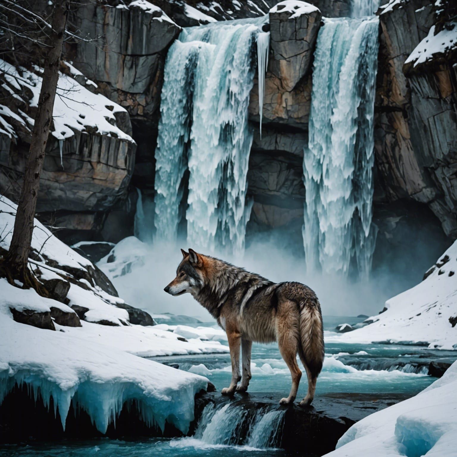 Wolf Gazing at Icy Waterfall