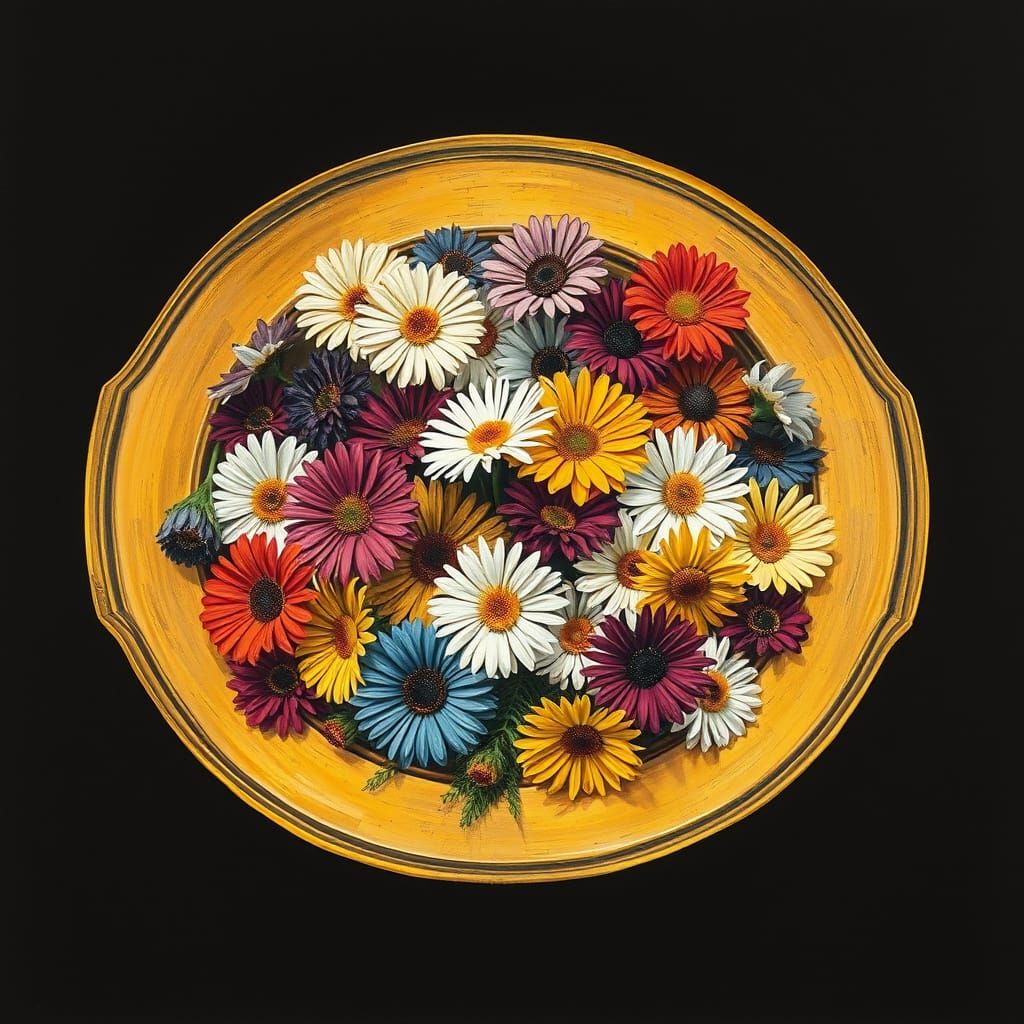 Golden Plate of Daisies in Cubist Charcoal Style