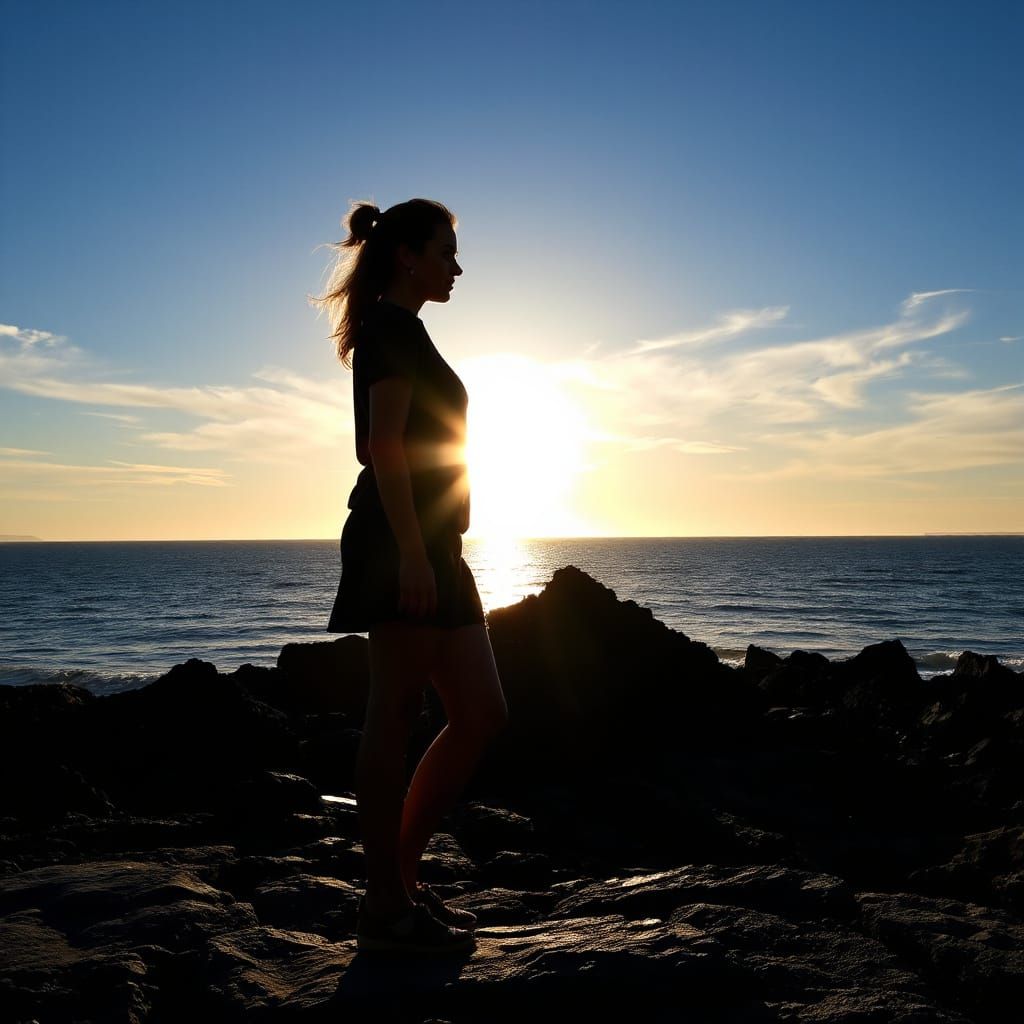 Coastal Sunset Silhouette Photograph of Woman on Rocks