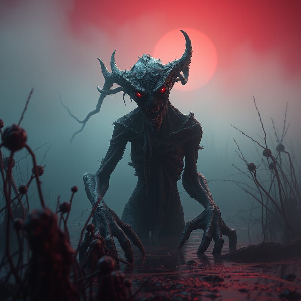 Grotesque Cryptid in Foggy Swamp: Dark Surrealism