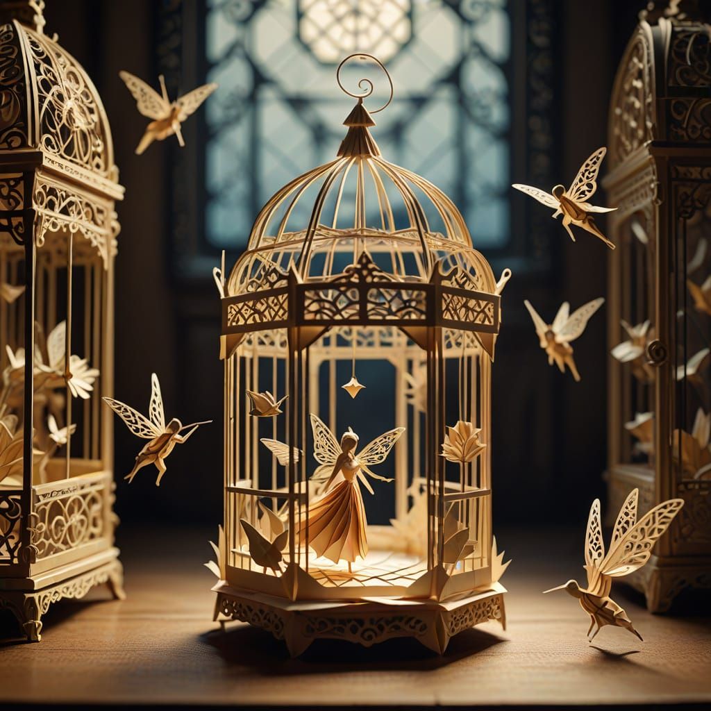Origami Fairy Trapped in Ornate Birdcage