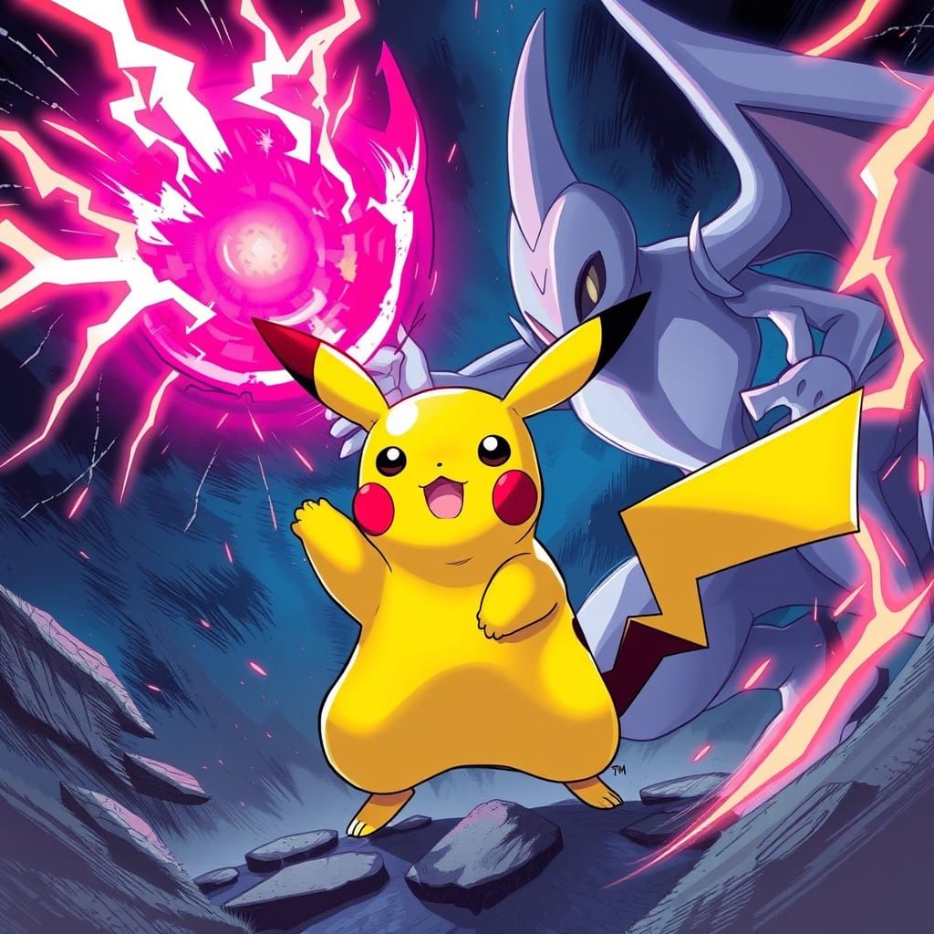 Pikachu Battles Mewtwo in Retro-Futuristic Style