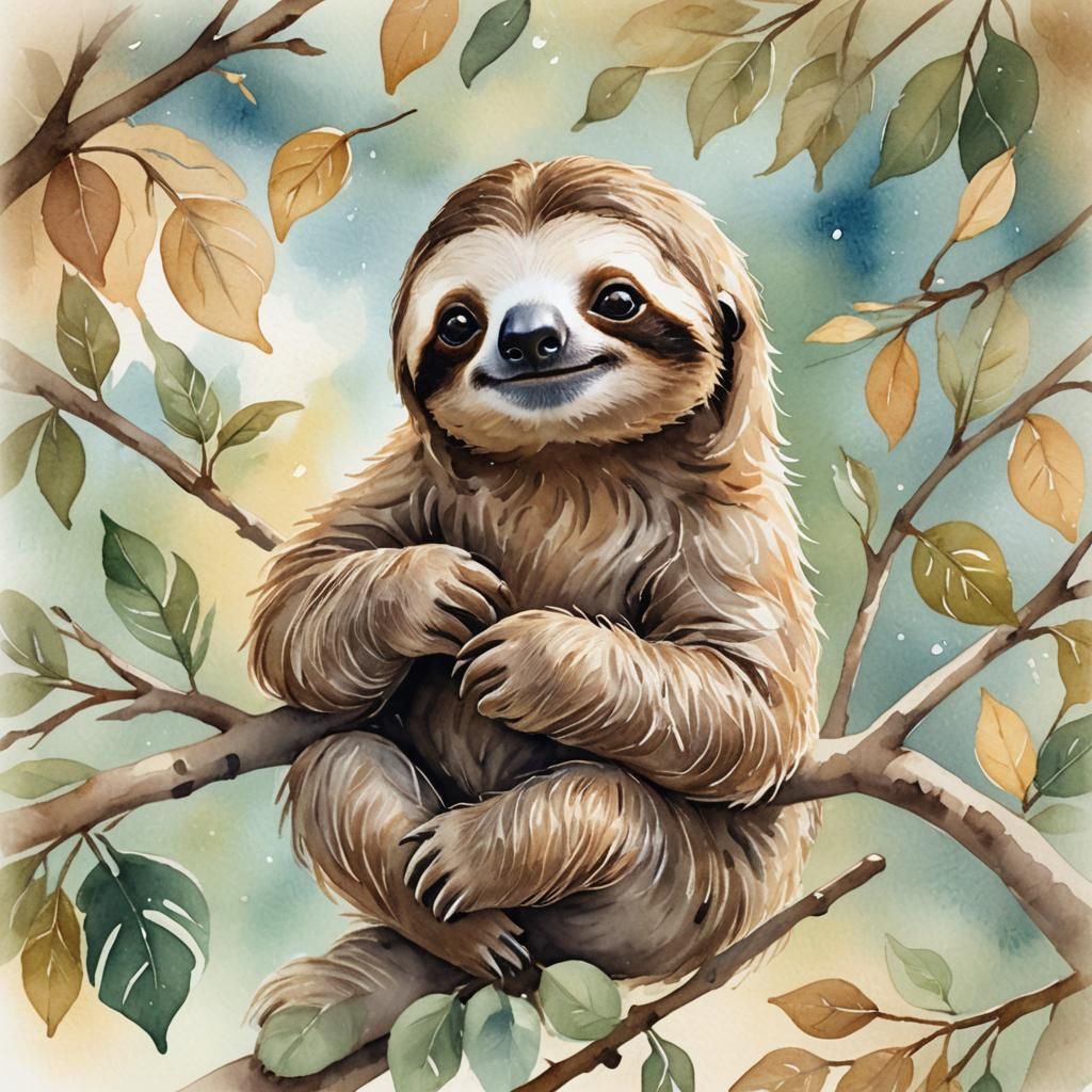 Miniature Sloth in Watercolor with Ethereal Light