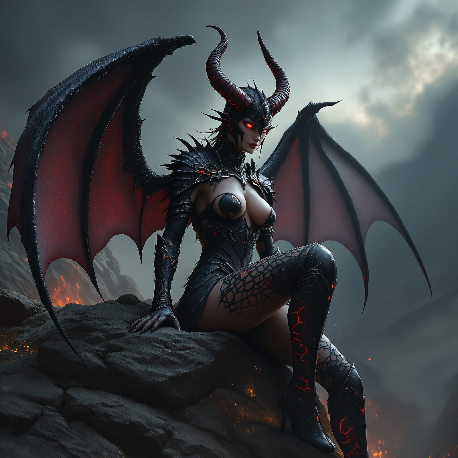 Demon Warrior on Fiery Ledge in Hyperrealistic Style
