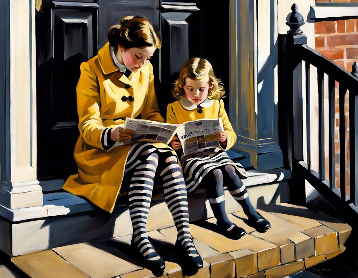 Mother and Daughter Reading, Oil Painting Style