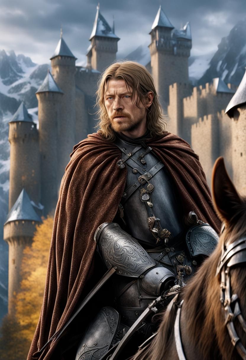 Boromir on Horseback Outside Castle