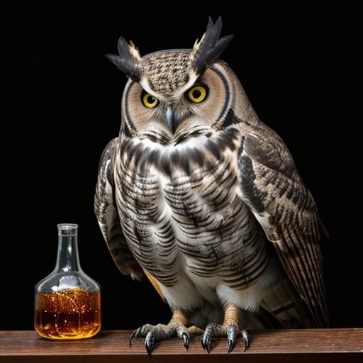 Great Horned Owl Drinks Whiskey Under Bottle in Alley
