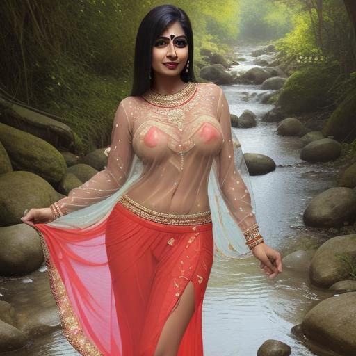 Woman in Traditional Indian Dress Near Stream