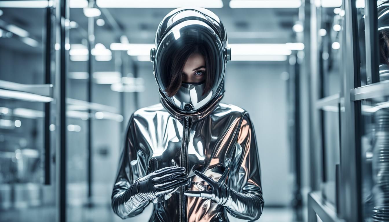 Goddess in Futuristic Hazmat Suit with Mirrored Mask