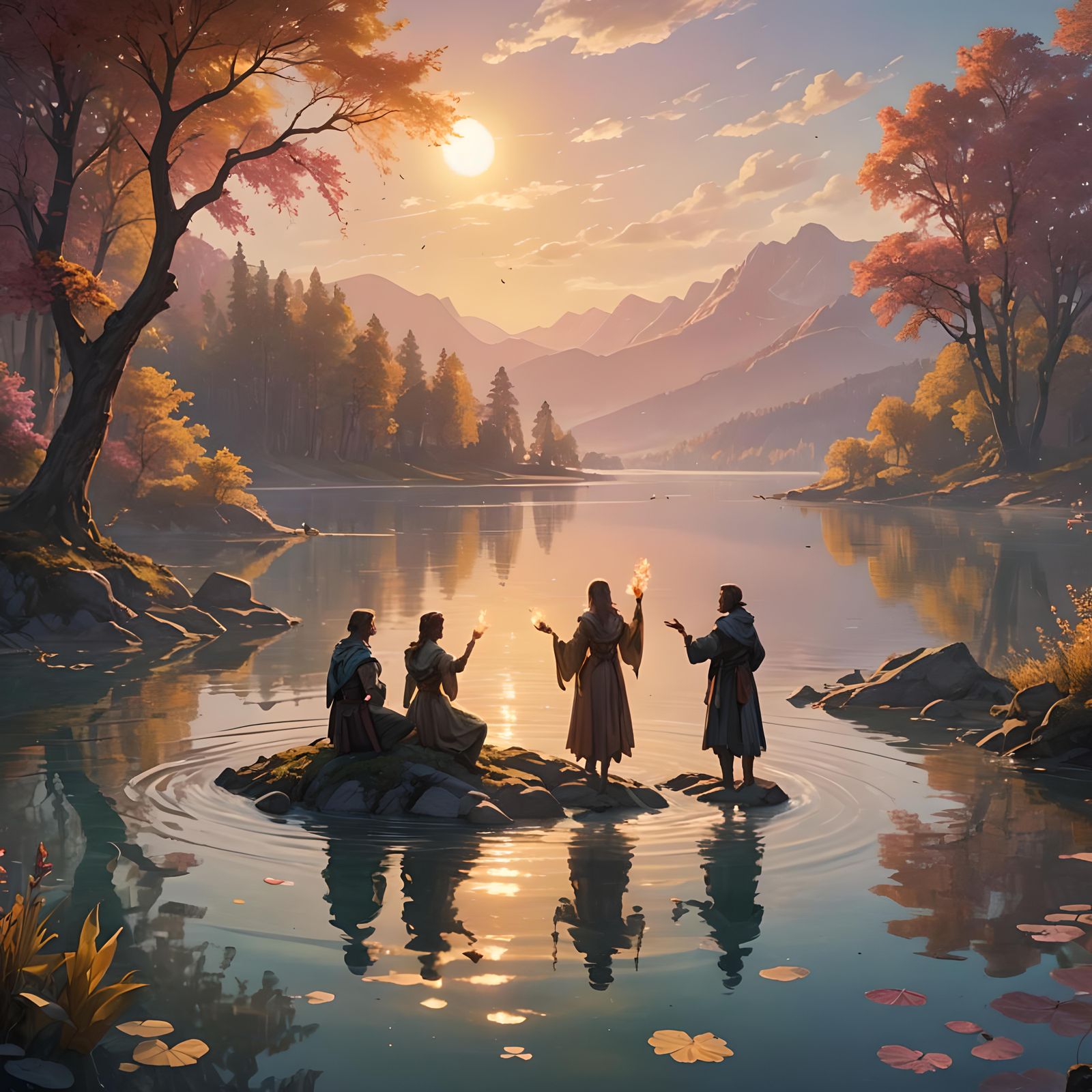 Poets' Lakeside Party: Detailed Fantasy Concept Art