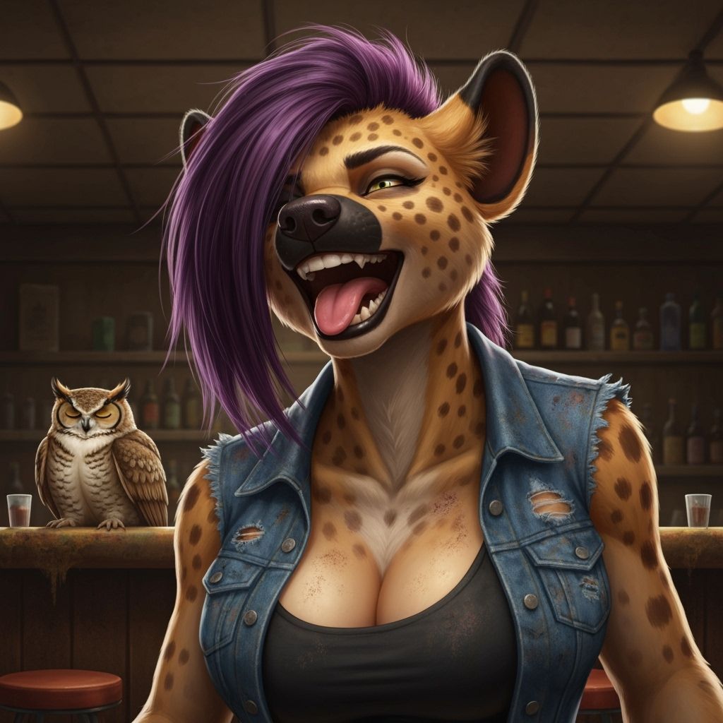 Anthropomorphic She-Hyena Laughing in Dive Bar