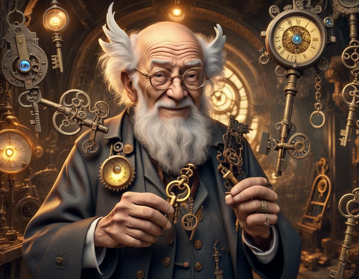 Steampunk Wizard Holding Magical Keys in 3D Render