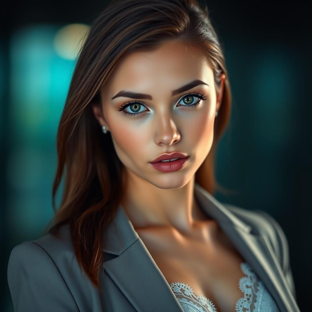 Sultry Woman in Office Jacket and Lacy Bra, Hyper-Realistic....