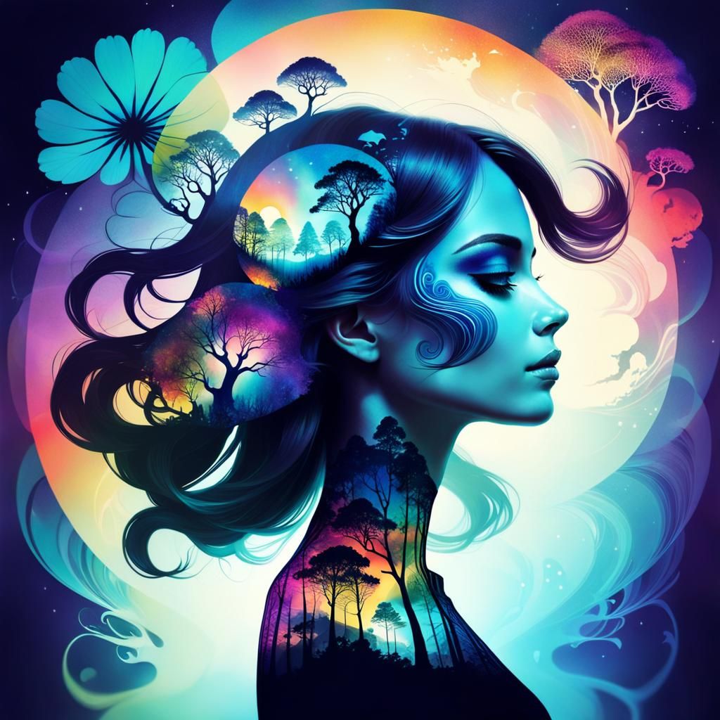 Psychedelic Silhouette in Surreal Double Exposure