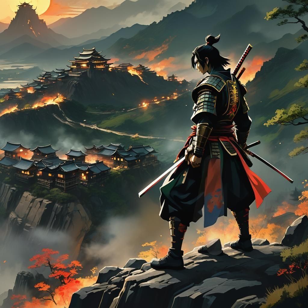 Samurai Watches Burning Village: Anime Key Visual