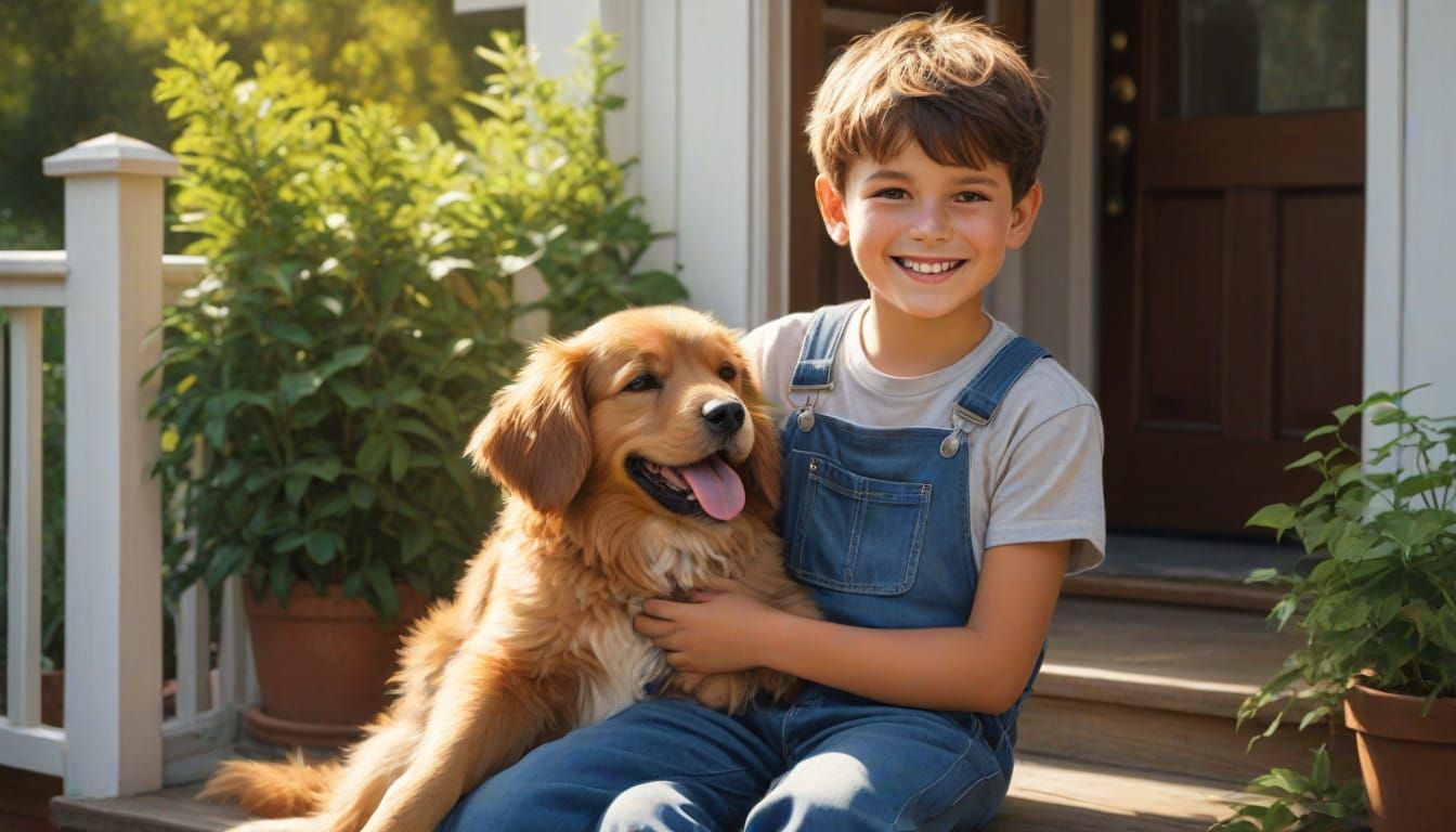 Young Boy Enjoys Quality Time with Loyal Dog on Sunlit Porch