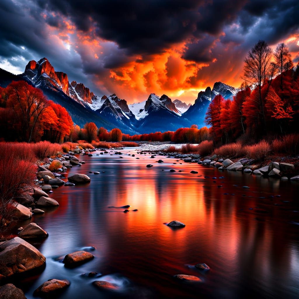 Dramatic Mountain Landscape with Reflecting River
