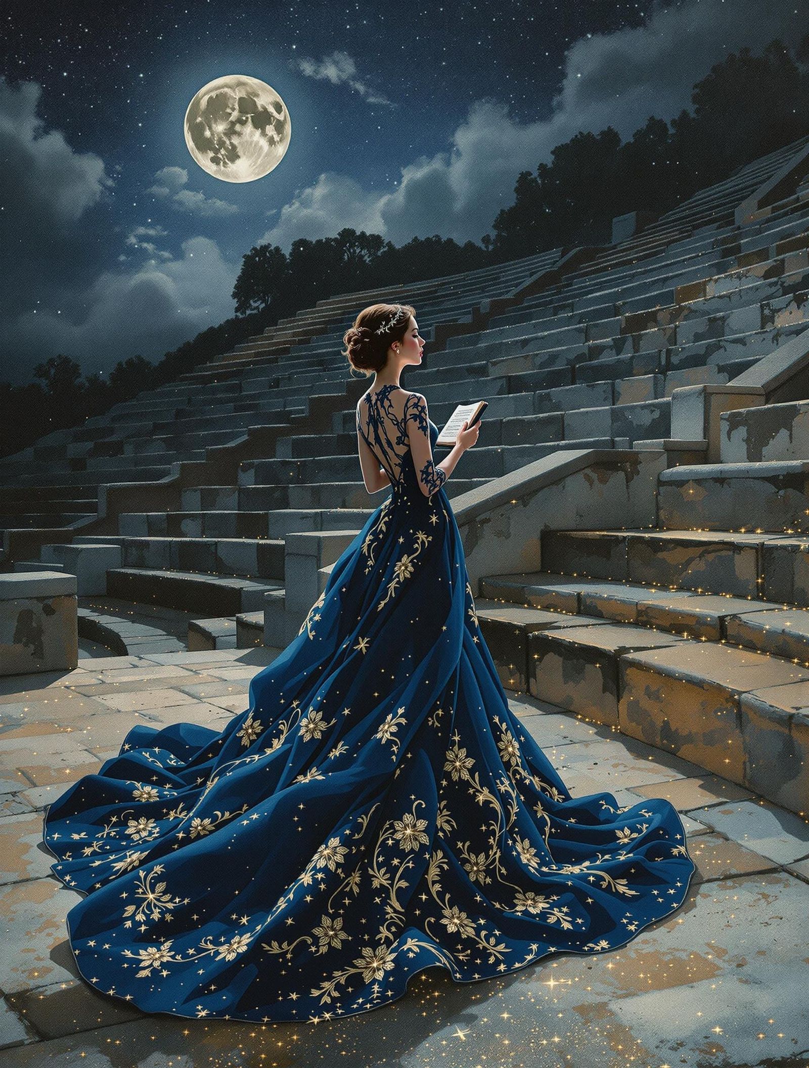Soprano in Moonlit Amphitheater, Calligraphy Painting