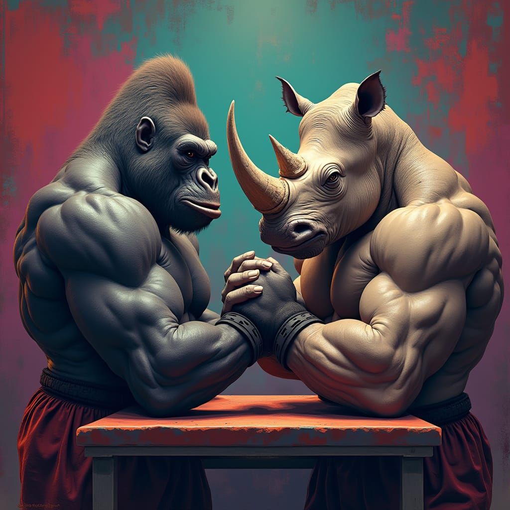 Hyperrealistic Arm Wrestling: Gorilla and Rhino in Gym