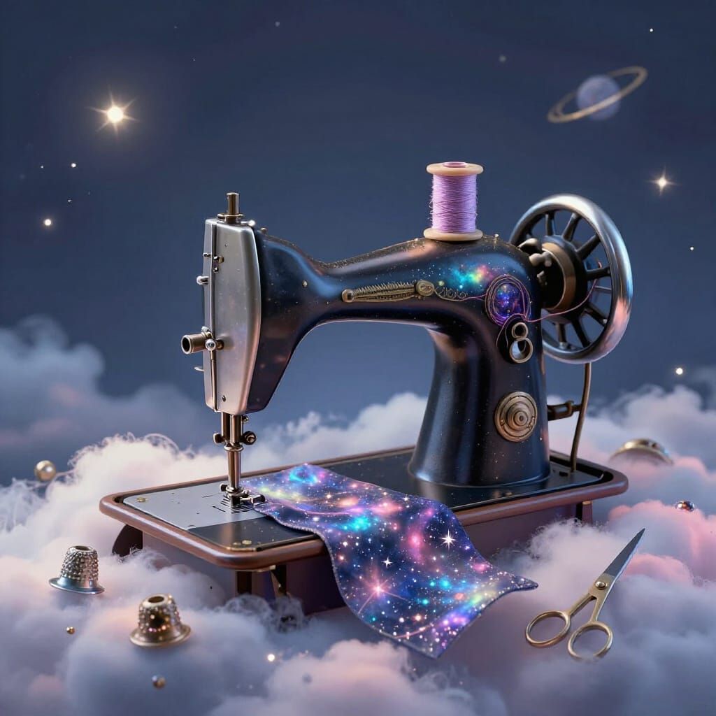 Whimsical Celestial Sewing Machine on Cloud