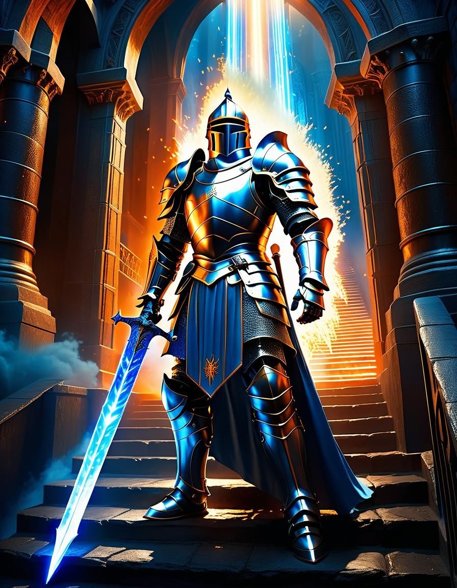 Knight Guarding Heavenly Stairway in High Fantasy Style