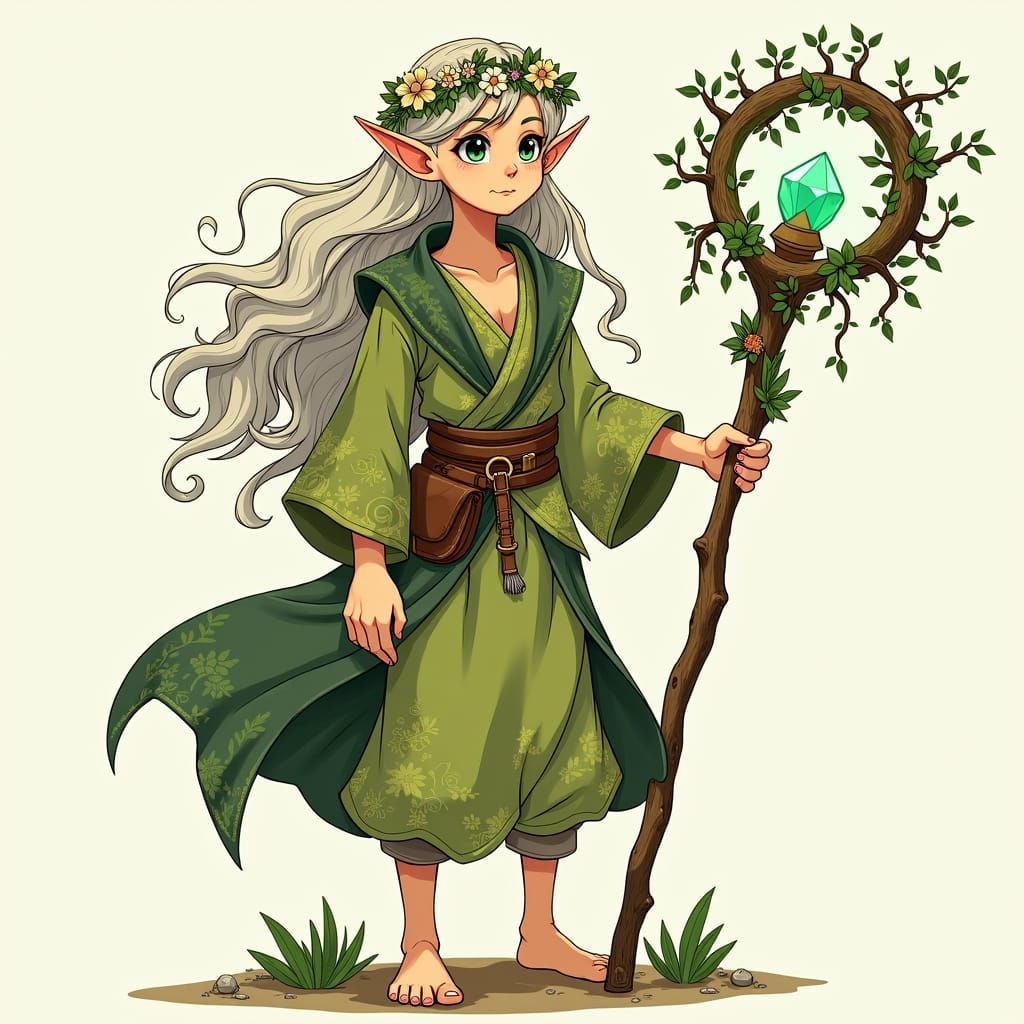 Enchanting Elf with Magical Staff, Anime Style