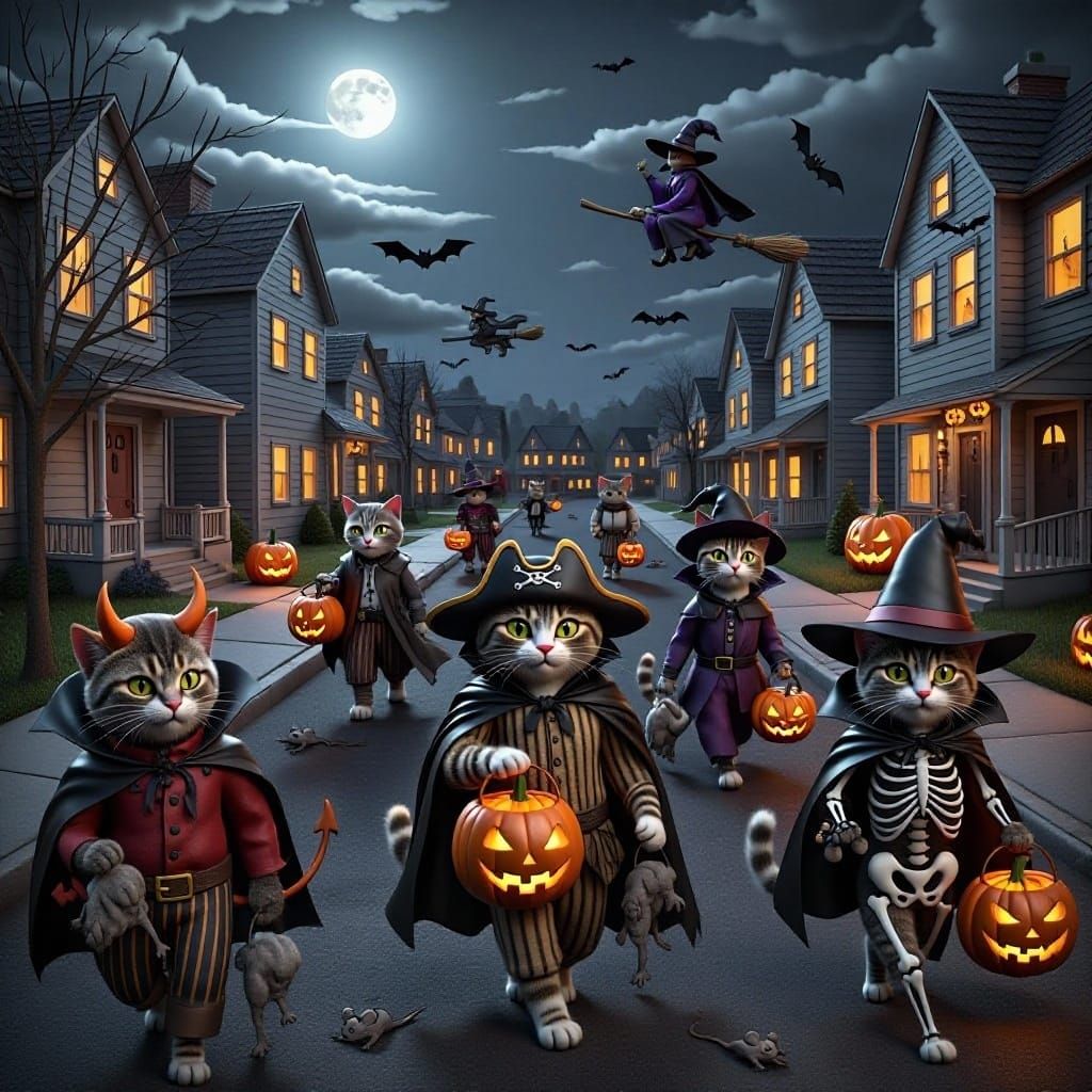 Cats in Halloween Costumes Trick-or-Treating